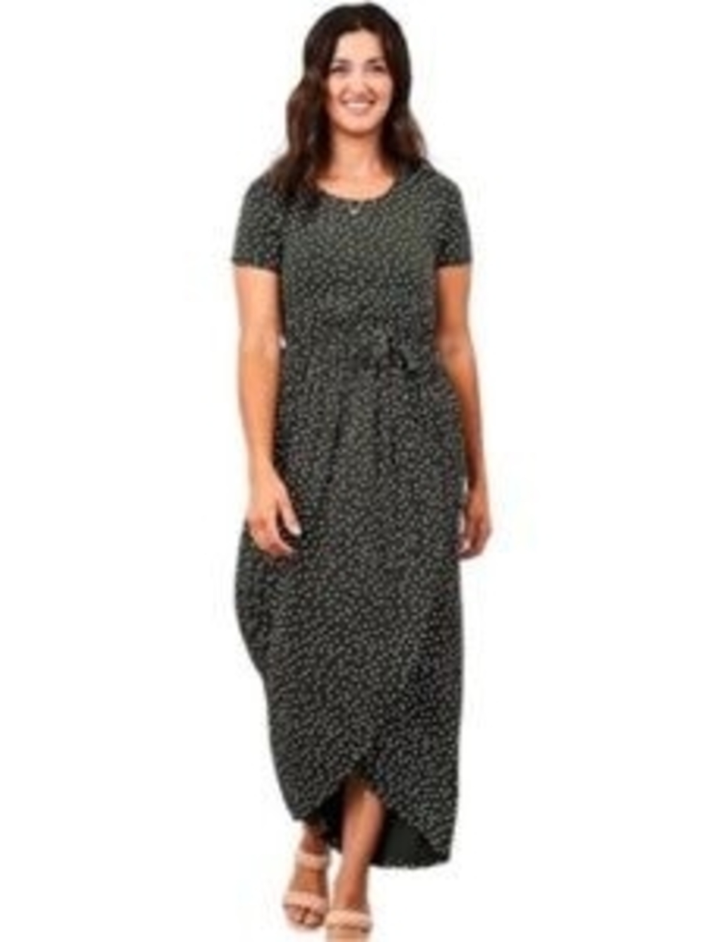 Latched Mama Forest Green W/Dots Short-Sleeve Tie-Waist Petal Maxi Dress